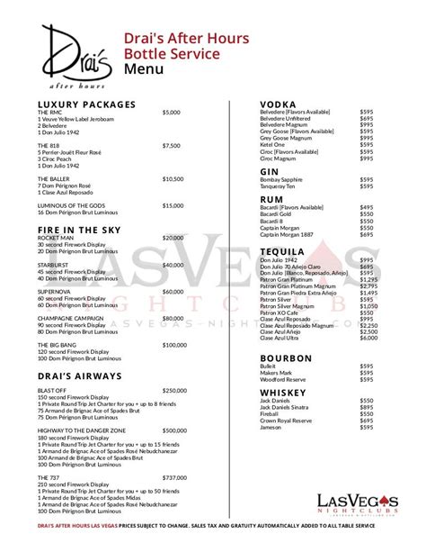 drais after hours alcohol prices.